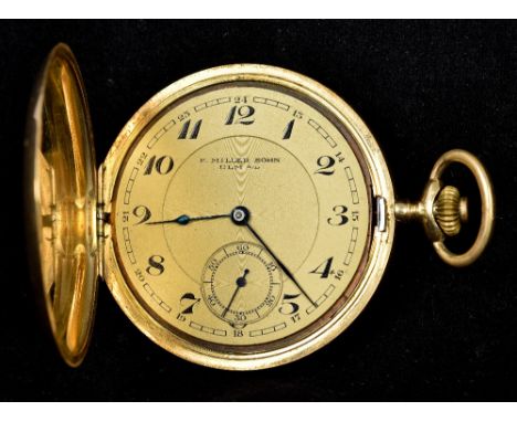 A 14 K gold cased hunter pocket watchThe case with engine engraving, the champagne dial inscribed F. MILLER SOHN ULM a/D.  5.