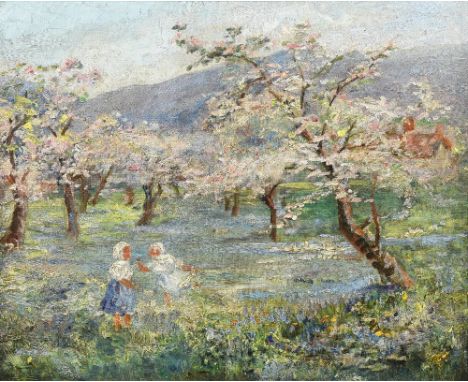 Attributed to MARK WILLIAM FISHER (1841-1923) Anglo-AmericanChildren at Play in an OrchardOil on canvasInscribed to stretcher