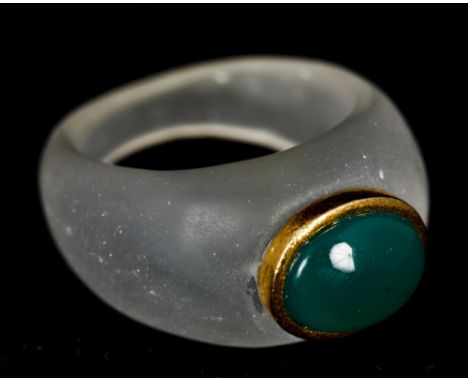 A contemporary jade mounted hardstone ringTogether with a lapis mounted example.  (2)   CONDITION REPORTS:  Generally good co