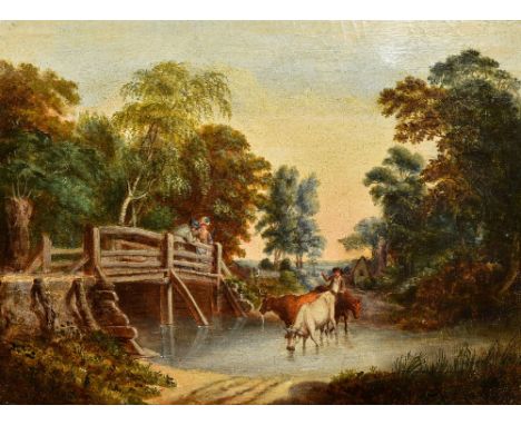 ENGLISH SCHOOL (19th century)Cattle Herder Crossing a Ford Before a Couple on a Bridge in a Rural River LandscapeOil on canva