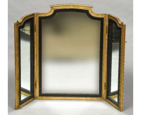 A 19th century carved giltwood framed triptych dressing table mirrorOf twin hinged section form, with arched top and ebonised