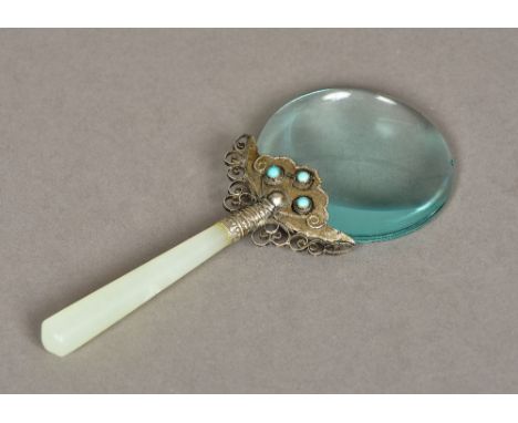 A Chinese white metal and jade mounted turquoise set magnifying glass18.5 cm long.    CONDITION REPORTS:  Generally good cond