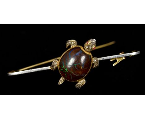 An unmarked gold, black opal and diamond set bar broochCentrally formed as a turtle with articulated head and tail.  5.25 cm 