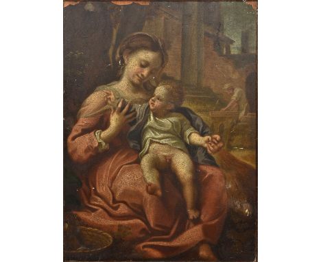 CONTINENTAL SCHOOL (19th century)Portrait of the Virgin Mary with Baby Jesus and Joseph in the BackgroundOil on panel25 x 34 