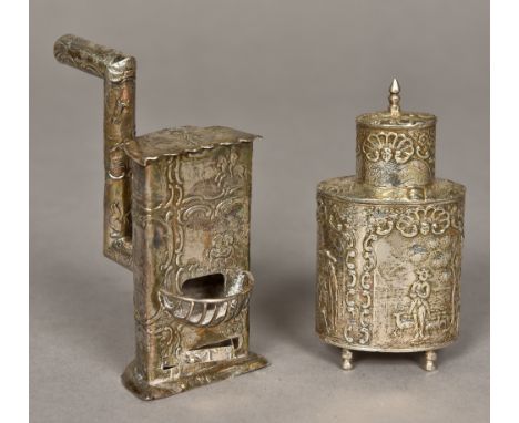A Dutch silver miniature caddy Of oval section, typically emboss decorated with figural vignettes, dolphin hallmark; together