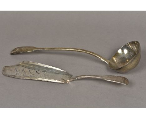 An early 19th century silver soup ladle, hallmarked London 1827, maker's mark of WCFiddle and Shell pattern, crested; togethe