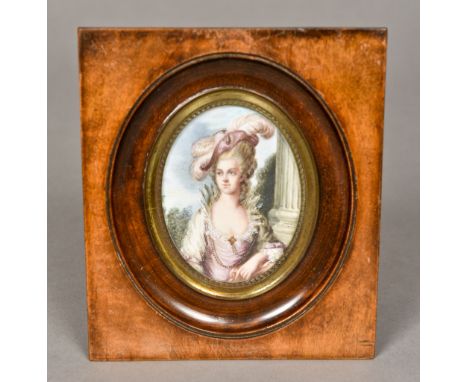 A miniature portrait Depicting a young lady wearing a feathered pink hat, indistinctly signed, framed and glazed.  13 x 15 cm