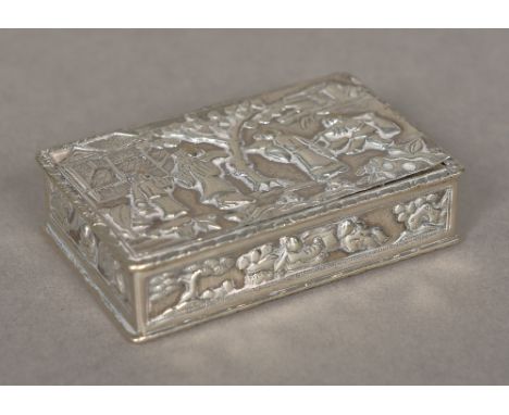 A 19th century Chinese silver snuff box, marks indistinctOf hinged rectangular form, decorated with various figures.  7 cm wi