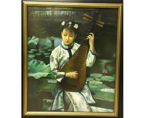 CHINESE SCHOOL (20th century) Portrait of a Woman Playing a PipaOil on canvasOld label to verso for Mayne Gallery, Devon49 x 