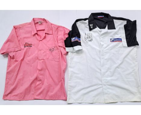 Signed Darts Player Shirts comprising of a Pink "Mr Porky" shirt signed by Peter Manley, size Medium along with a Black &amp;