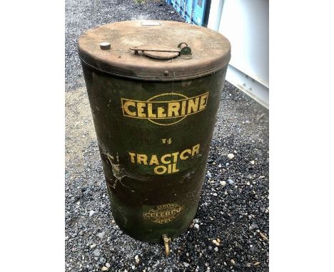 Vintage Large Celerine Tractor Oil Barrel with tap and built in dip stick 53 cm wide 100 cm tall