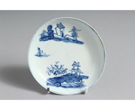 A SCARCE BOW SAUCER painted in light blue with the two-storied shelter.