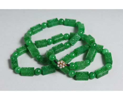 A SUPERB CHINESE JADE AND NECKLACE with gold diamond and pearl clasp.