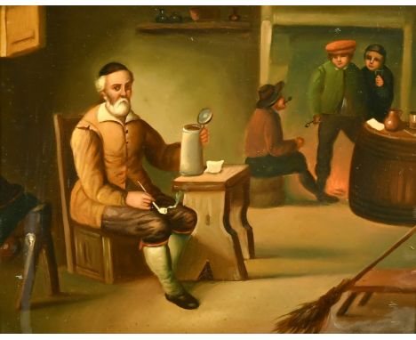 MANNER OF TENIERS. A gentleman with a pipe in a tavern interior, oil on metal, 7" x 8".