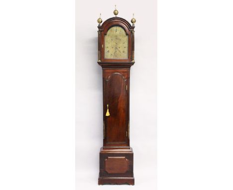 A GEORGE III MAHOGANY LONGCASE CLOCK with eight day movement, engraved brass arch dial with strike / silent, subsidiary secon