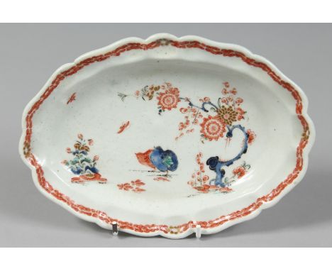 A RARE BOW SHAPED OVAL TRAY painted in Kakiemon style with Two Quail pattern, perhaps a ladle tray.