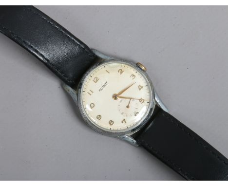 A vintage Rotary manual wristwatch with applied gilt Arabic numeral markers and subsidiary seconds on black leather strap.