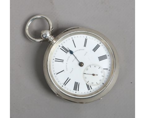 A Continental silver cased pocket watch with enamel dial having subsidiary seconds and signed James Reid & Coventry.