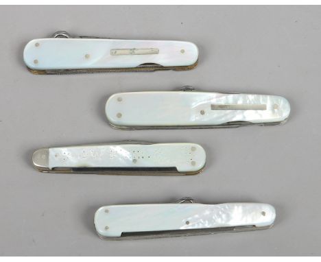 Four multi tool folding pocket knives with mother of pearl scales including George Wostenholm etc.