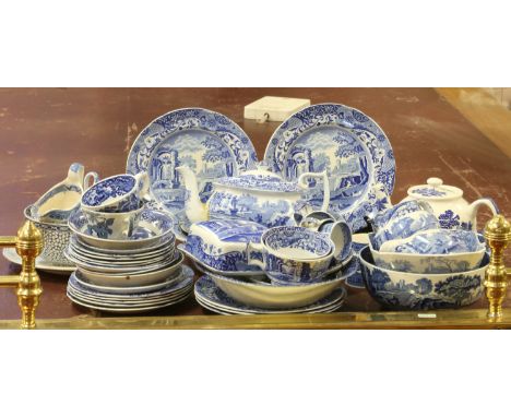 A large quantity of blue and white pottery, mostly Copeland and Spode includes C19th examples