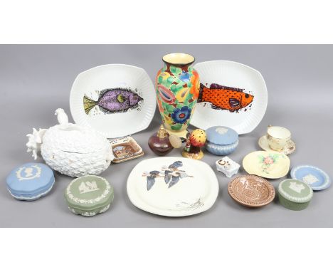 A collection of pottery and china including Wedgwood Jasperware, Washington pottery Aquarius plates, Carlton ware and Wade et