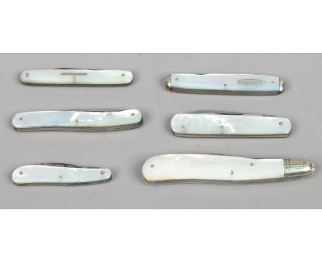 Six multi blade pocket knives with mother of pearl scales including Brookes & Crookes of Sheffield.