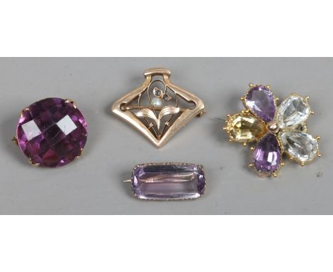 Four antique yellow metal brooches set with seed pearl, amethyst and citrine.