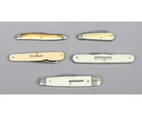 Five folding pocket knives with ivory scales. 