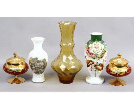 A pair of gilded ruby glass pedestal bowls and covers and other items of decorative glassware.