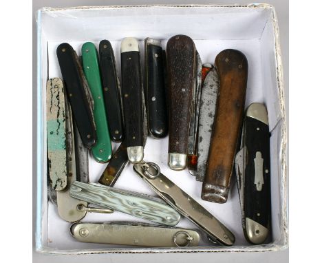 Fifteen assorted folding pen knives, some with hardwood scales.