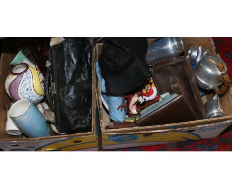 Two boxes of miscellaneous including a picquot ware service, a Masonic sash, Royal Doulton, Sylvac, Wedgwood Looney Tunes fig