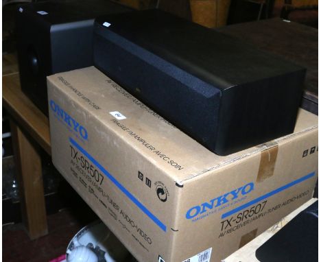 A Onkyo high fidelity AV amplifier and matched multi region DVD player along with sub woofer and three surround speakers.