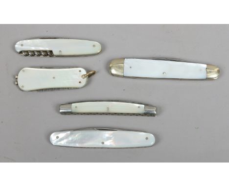 Five multi tool folding pocket knives with mother of pearl scales. Including one example by Joseph Rodgers with worked back.