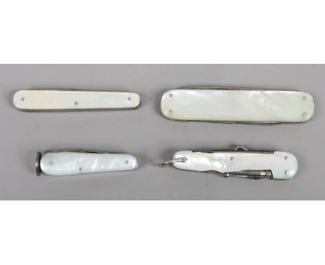 Four multi tool folding pocket knives with mother of pearl scales.