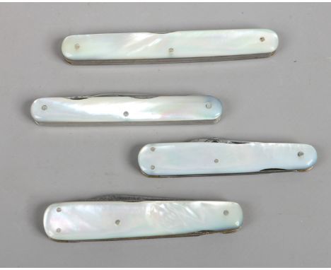 Four Sheffield made multi tool folding pocket knives with mother of pearl scales.