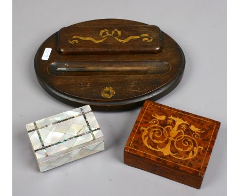 A Victorian mother of pearl and abalone shell parquetry trinket box, a marquetry inlaid yew wood trinket box and an inlaid wo