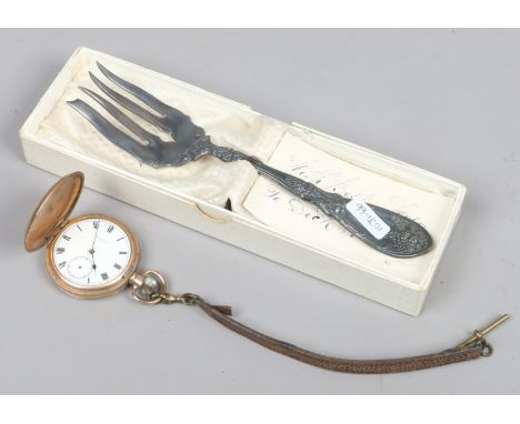 A gold plated American pocket watch by Elgin national watch Company USA, AF along with a boxed serving fork