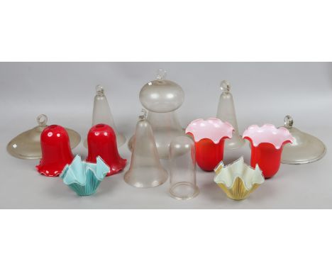 Six glass smoke domes, a glass dome and six coloured glass lamp shades.