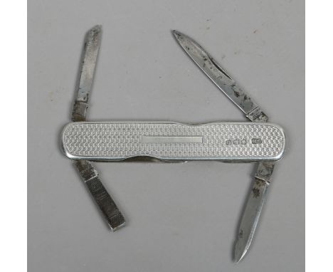 A silver multi blade folding pocket knife by Harrison Brothers & Howson. With engine turned engraving and assayed Sheffield 1