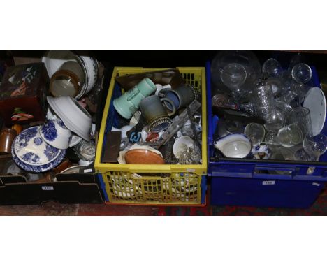 Three boxes of assorted ceramics and glass including Carlton ware, Irish Wade, Wedgwood and crested ware etc.