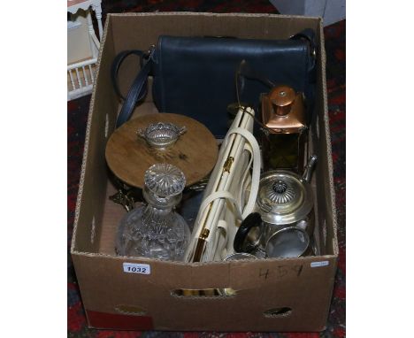 A box of miscellaneous and collectables including vintage handbags, silver plate and decanters etc.