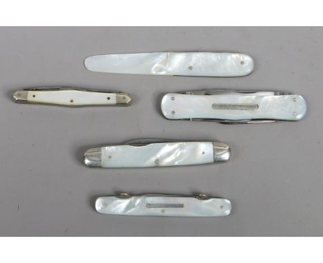 Five multi blade pocket knives with mother of pearl scales including Needham etc.