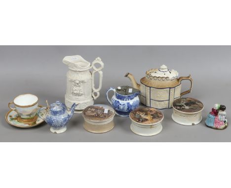 A collection of English C19th pottery and porcelain including Castleford style teapot, spongeware teapot, prattware pots, por