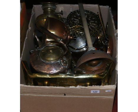 A good box of metalwares to include brass, oil lamp, copper kettles, posser etc.