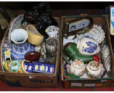 Two boxes of miscellaneous to include Spelter figure of a horse, Wedgwood, Sadler, Sylvac etc.