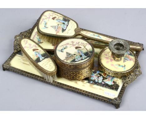 A vintage dressing table set of Oriental theme with gilt decoration