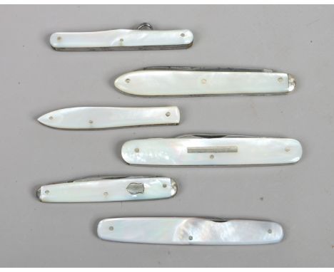 Six multi tool folding pocket knives with mother of pearl scales including George Wostenholm  etc.