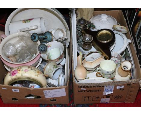 Two boxes of decorative pottery and china etc including Devon ware, Foley part teaset and silver plated candelabra etc.