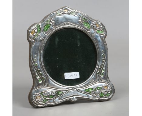 A silver Art Nouveau style eizel photograph frame with enamel decoration. Assayed Birmingham 1995.