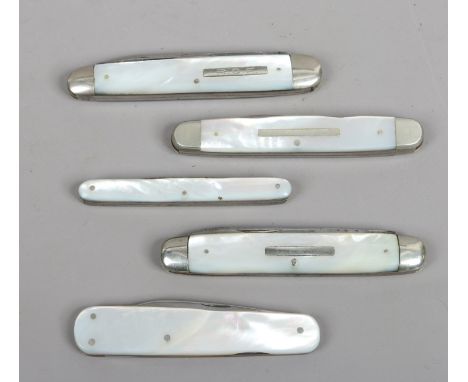 Five multi blade pocket knives with mother of pearl scales including Watts etc.
